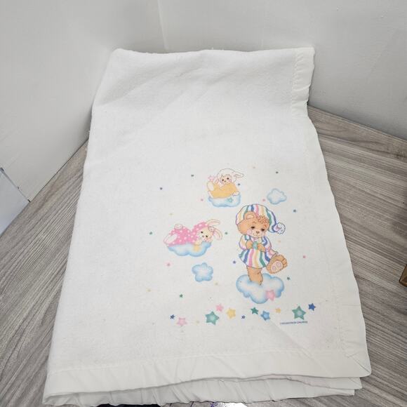 Reigel USA Brushcreek Creative Fleece Satin White Baby Blanket Bear Cloud Sleepy - Picture 1 of 5